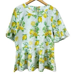 LaRoque Lemons Linen‎ Peplum Blouse Green Top Women’s Medium NWOT
